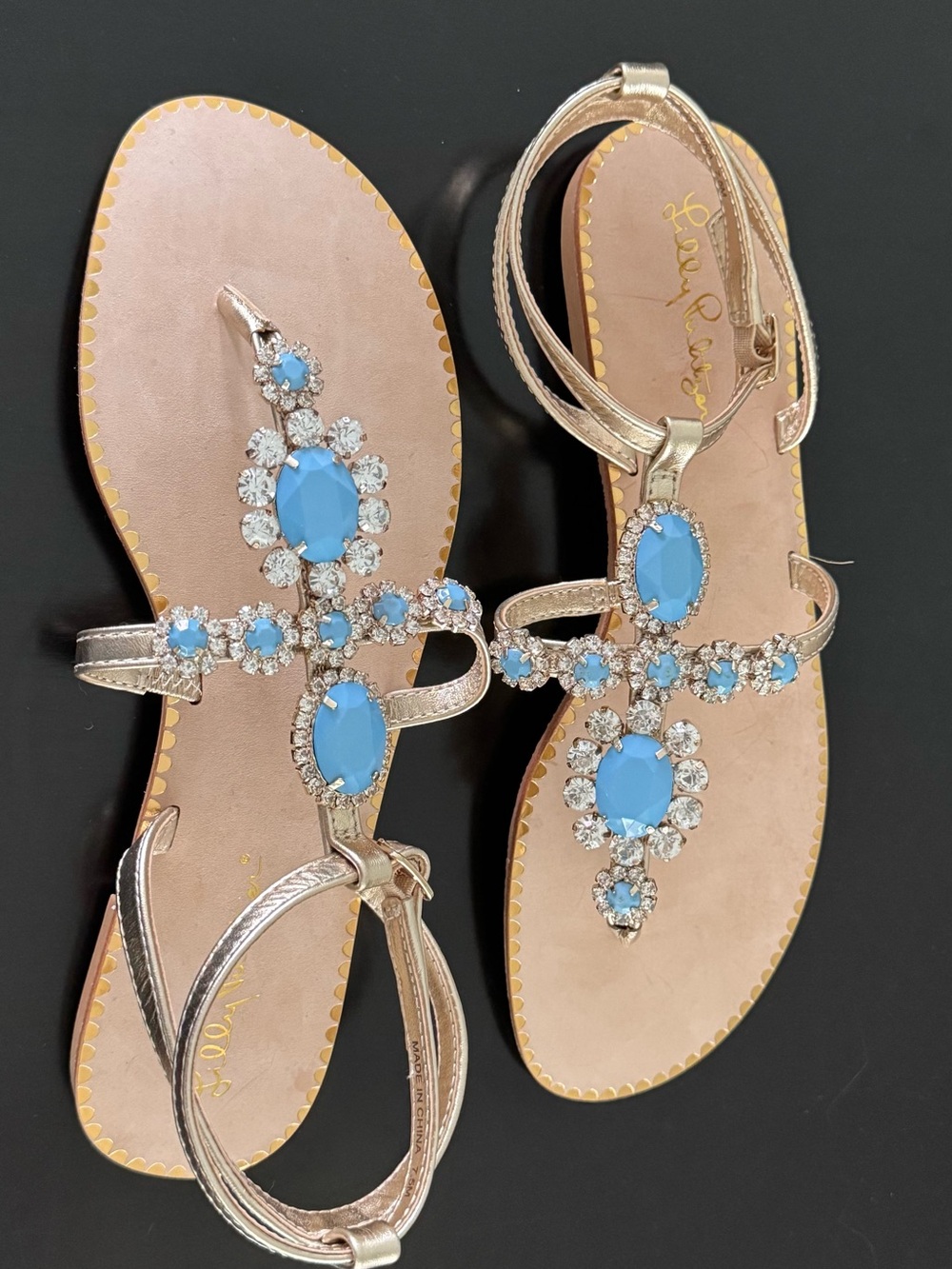 Lilly Pulitzer Katie Embellished Bermuda Blue/Gold Leather Sandals Sz 7 1/2 - Picture 3 of 8